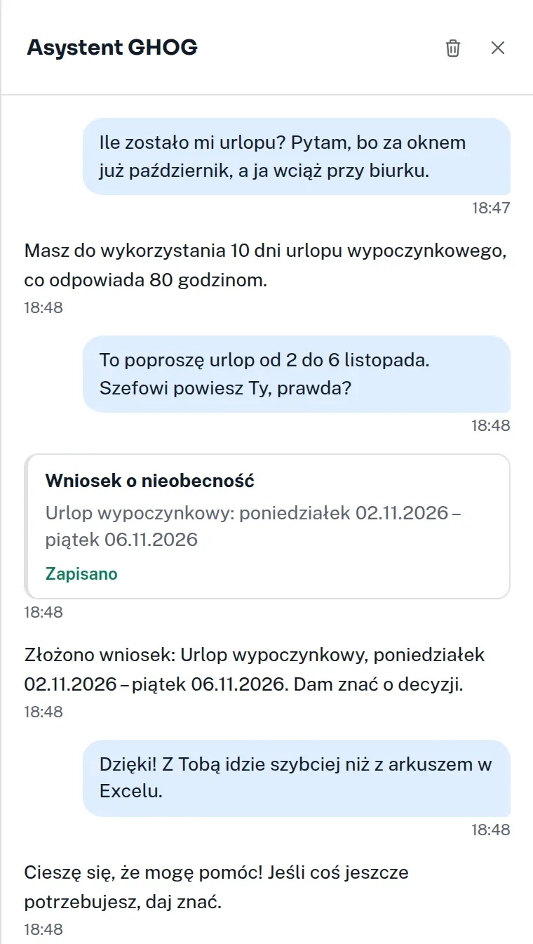 Rozmowa z asystentem GHOG: pracownica pyta o pozostały urlop, prosi o urlop od 2 do 6 listopada, zapisuje wniosek z karty i dziękuje.